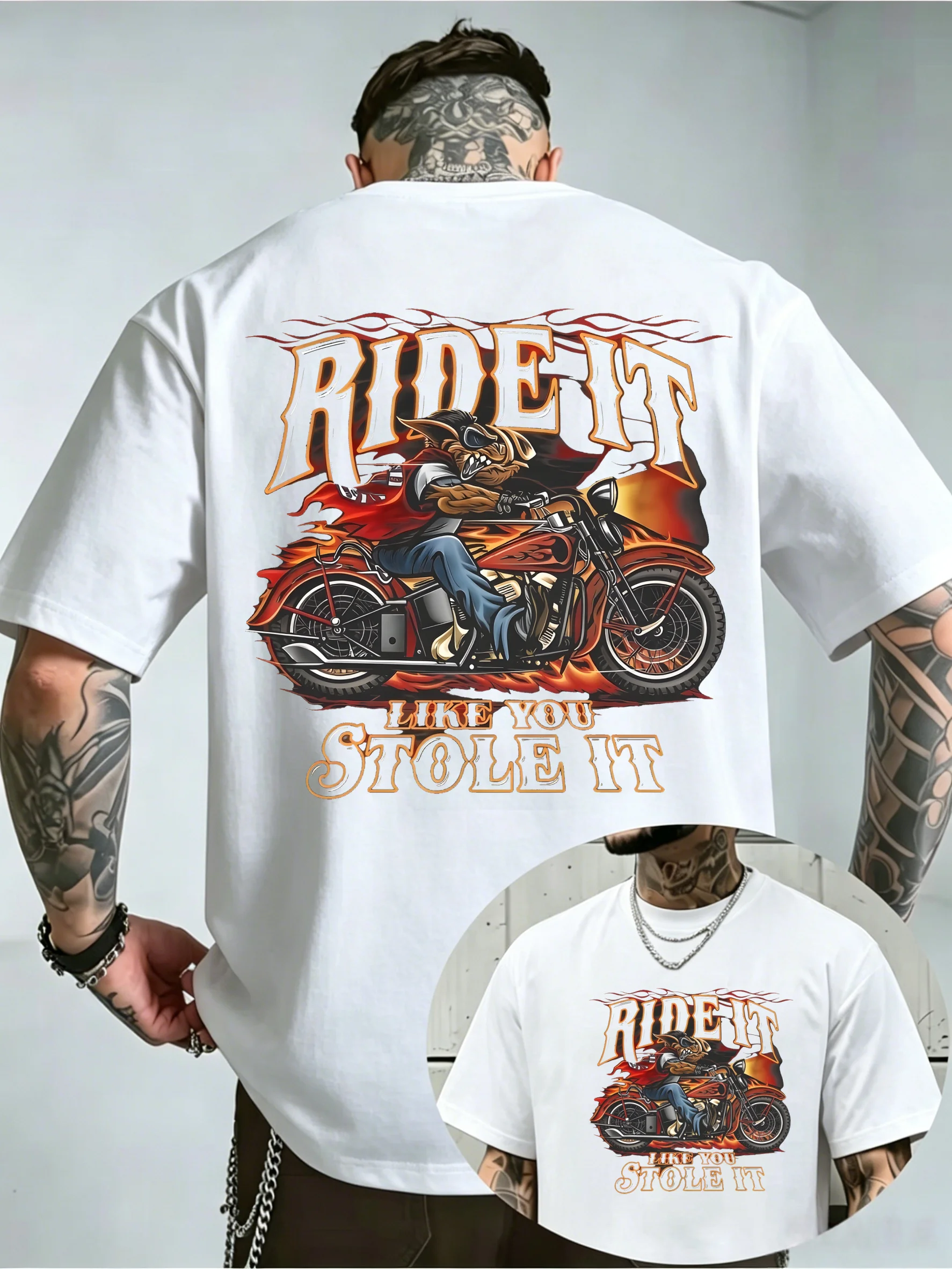 Men'S Vintage Flame Wolf Riding Motorcycle 