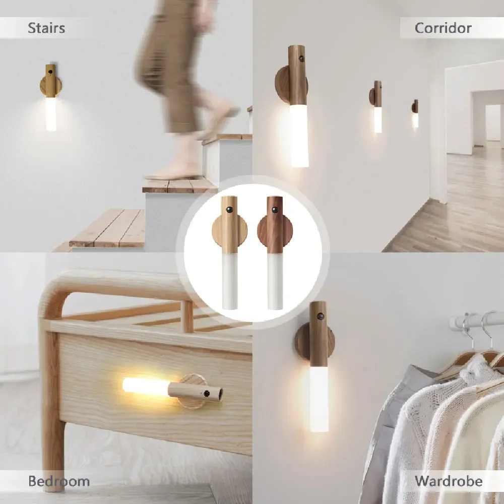 LED Wood USB Night Light Magnetic Wall Lamp Kitchen Cabinet Closet light Home Staircase Bedroom Table Move Lamp Bedside Lighting