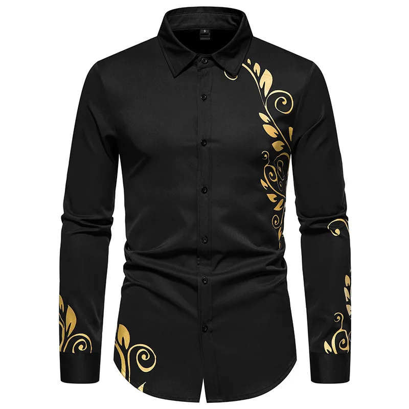 Men's Fashion Gold Print Shirt, Long Sleeve Casual Stylish Shirt, Men's Clothing, Comfortable and Trendy, Perfect for Daily Wear
