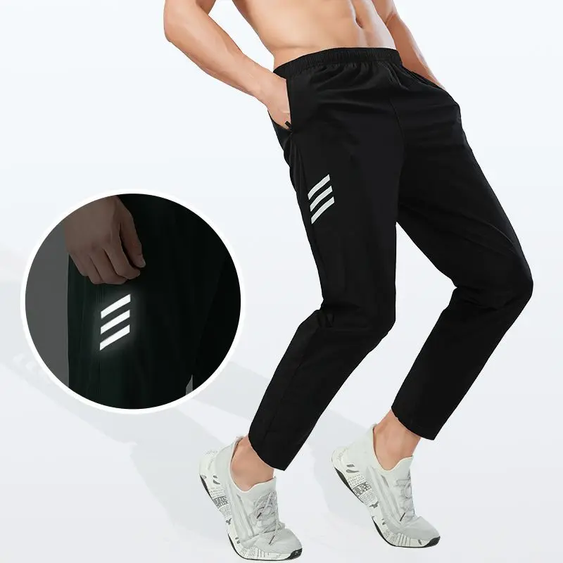 Men's casual pants autumn running quick drying straight tube men's long pants with reflective label three stripes sportswear