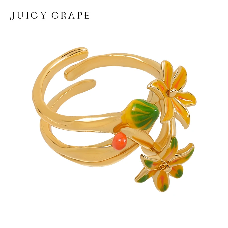 Juicy Grape Enamel Flower Ring for Women Open Adjustable Ring 18K Gold Plated Luxury Party and Birthday Jewelry Gift