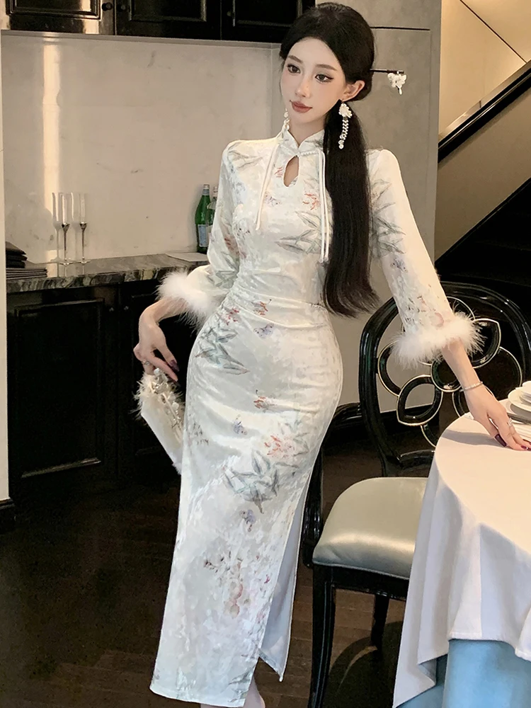 2023 Floral Samt Satin Stehkragen Langes Kleid Frauen Koreanische Elegante Luxus Festival Kleid Herbst Winter Bodycon Abendkleid