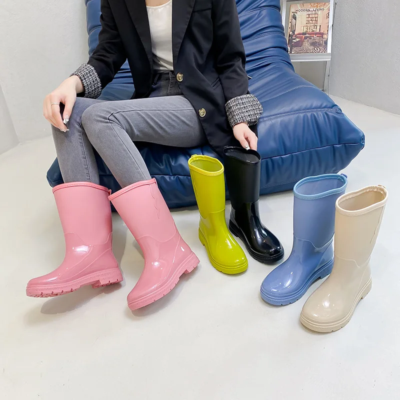 Mulheres meados de bezerro botas de chuva moda antiderrapante à prova dwaterproof água sapatos de trabalho senhoras plataforma botas de água de cor sólida