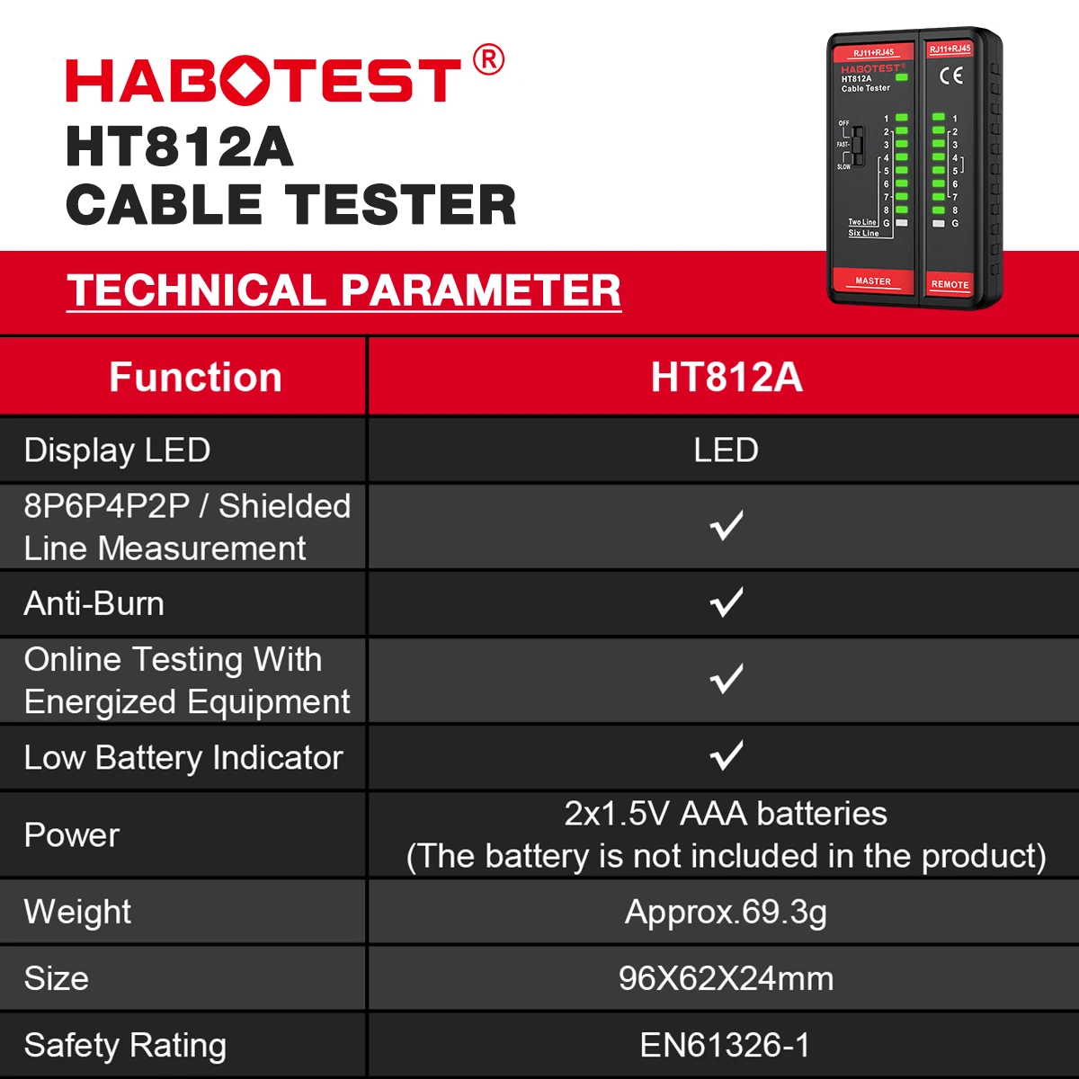 HABOTEST HT812A Network Cable Tester 8P/6P/4P/2P Cable lan Tester Networking Wire Telephone Line Detector Tracker Tool