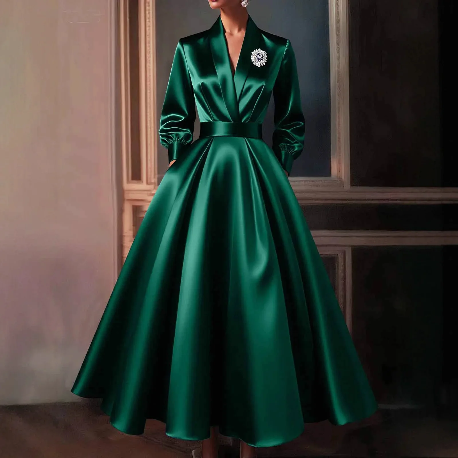 Satin Elegant Dress for Women Lapel Collar Pleated A-Line Evening Maxi Dress Wedding Guest Vintage Lantern Sleeve Autumn Dresses