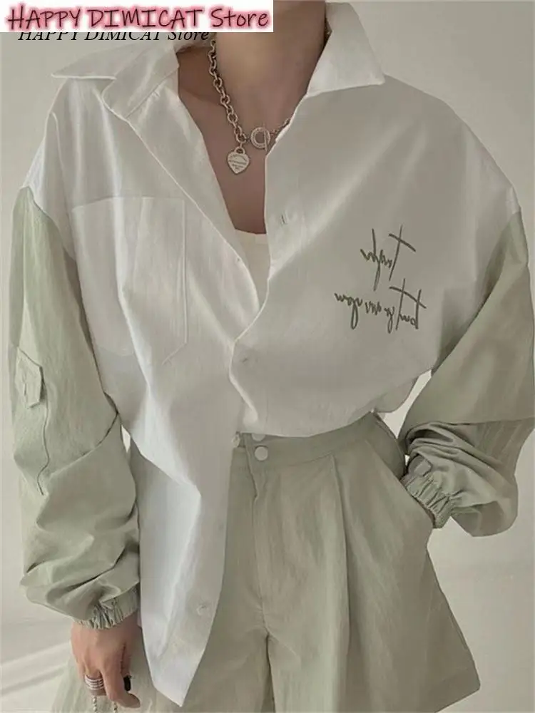 

Ladies Womens Cotton Tops Korea Summer Women Striped Letter Print Cardigan Shirt New Fashion Woman Casual Loose Office Blouse