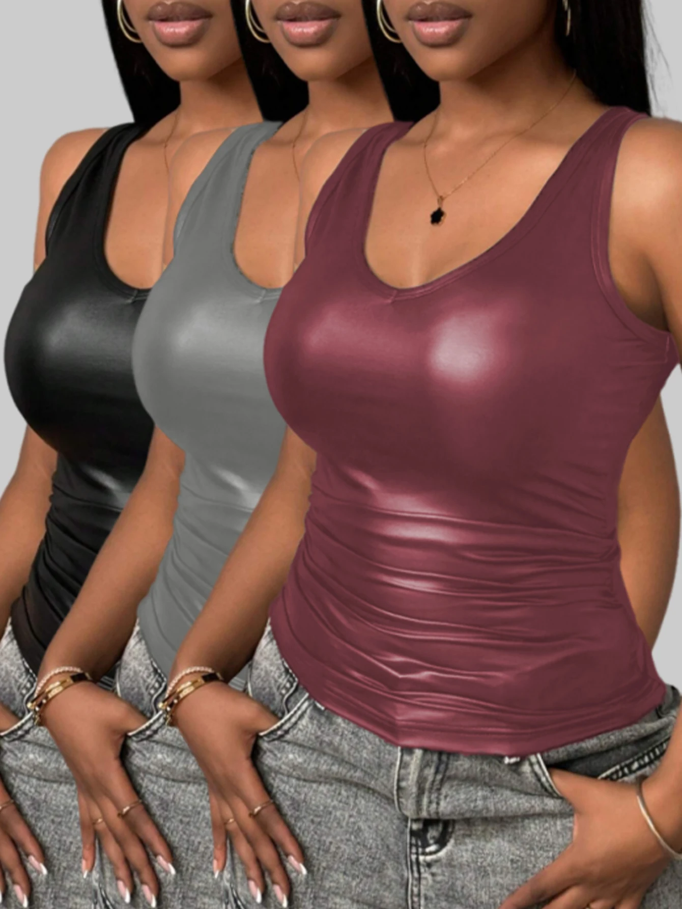 

European and American hot spring, summer and autumn solid color casual V-neck vest three-piece set