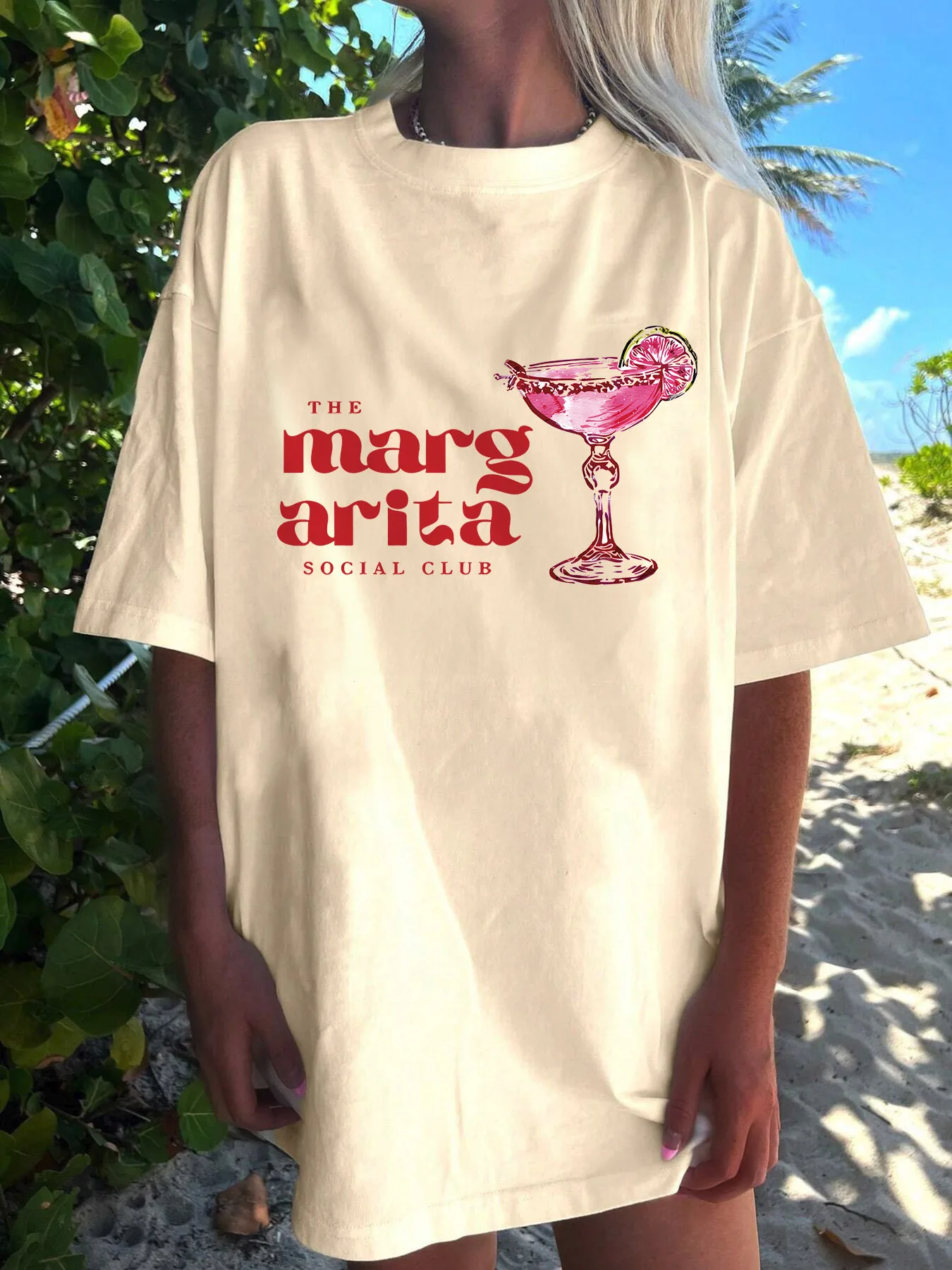 

Plus size Women's Light Beige Margarita Social Club Graphic Printed Crew Neck Tee Casual Short Sleeve Summer Casual Loose Tops