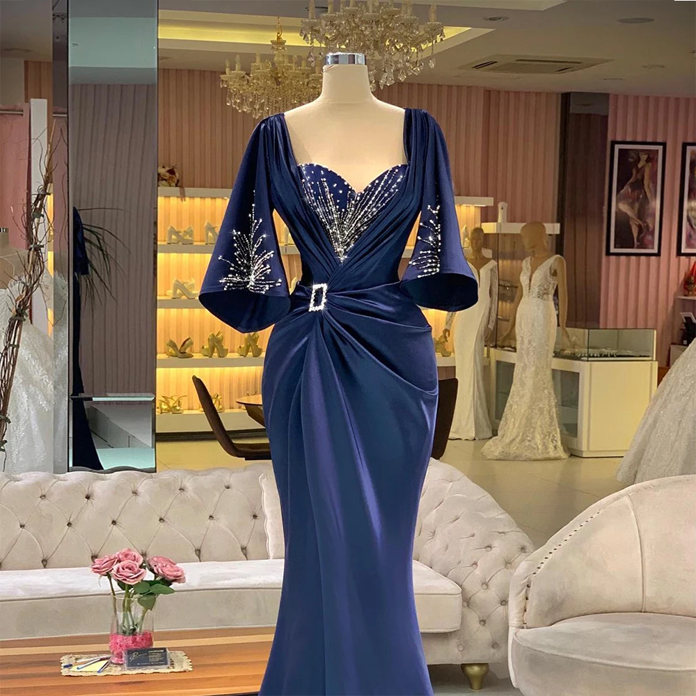 Sexy Mermaid Square Neck Long Sleeves Evening Dresses Custom Made Slimming Luxurious Beading Simple Ruched Ceremony Prom Gowns