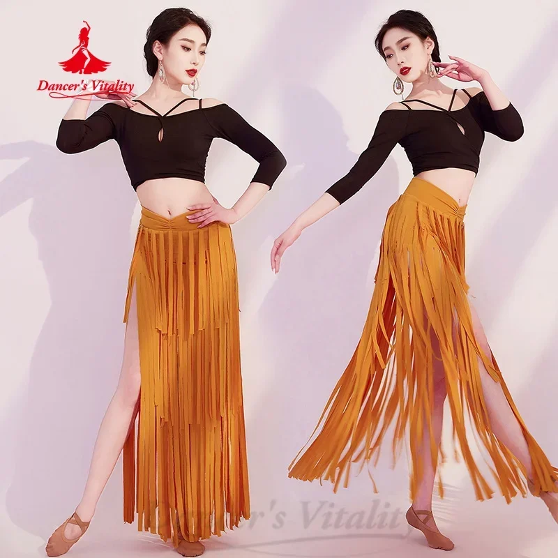 BellyDance ฝึกชุดแขนยาว + พู่กระโปรงยาว 2pcs ผู้ใหญ่หญิง Oriental Belly Dance Professional การฝึกอบรมเสื้อผ้า