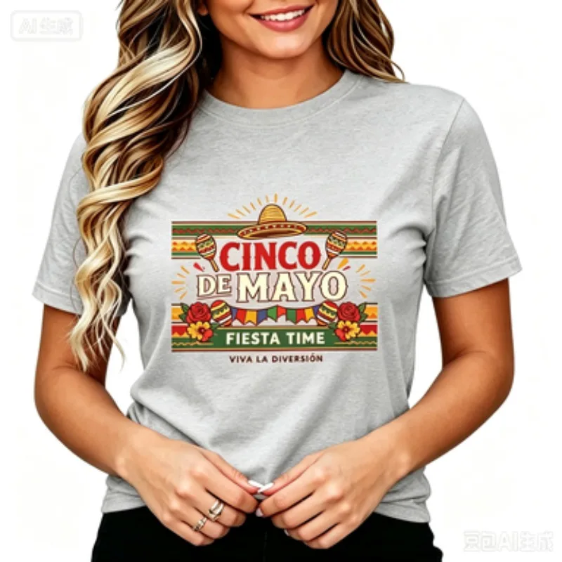 Women Round Neck Cotton T Shirt Happy Cinco de Mayo Mexican Festival Maracas Rose Graphic Casual Summer Short Sleeve Top