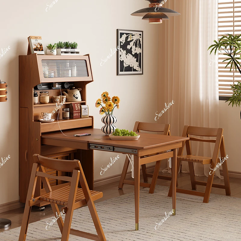 Small apartment retro style movable folding retractable solid wood dining table