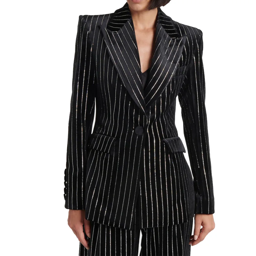 Sparkle Striped Office Lady Women Pants Suits 2 Pieces Slim Fit Customized Classic Business Suits Peak Lapel Pocket Jacket