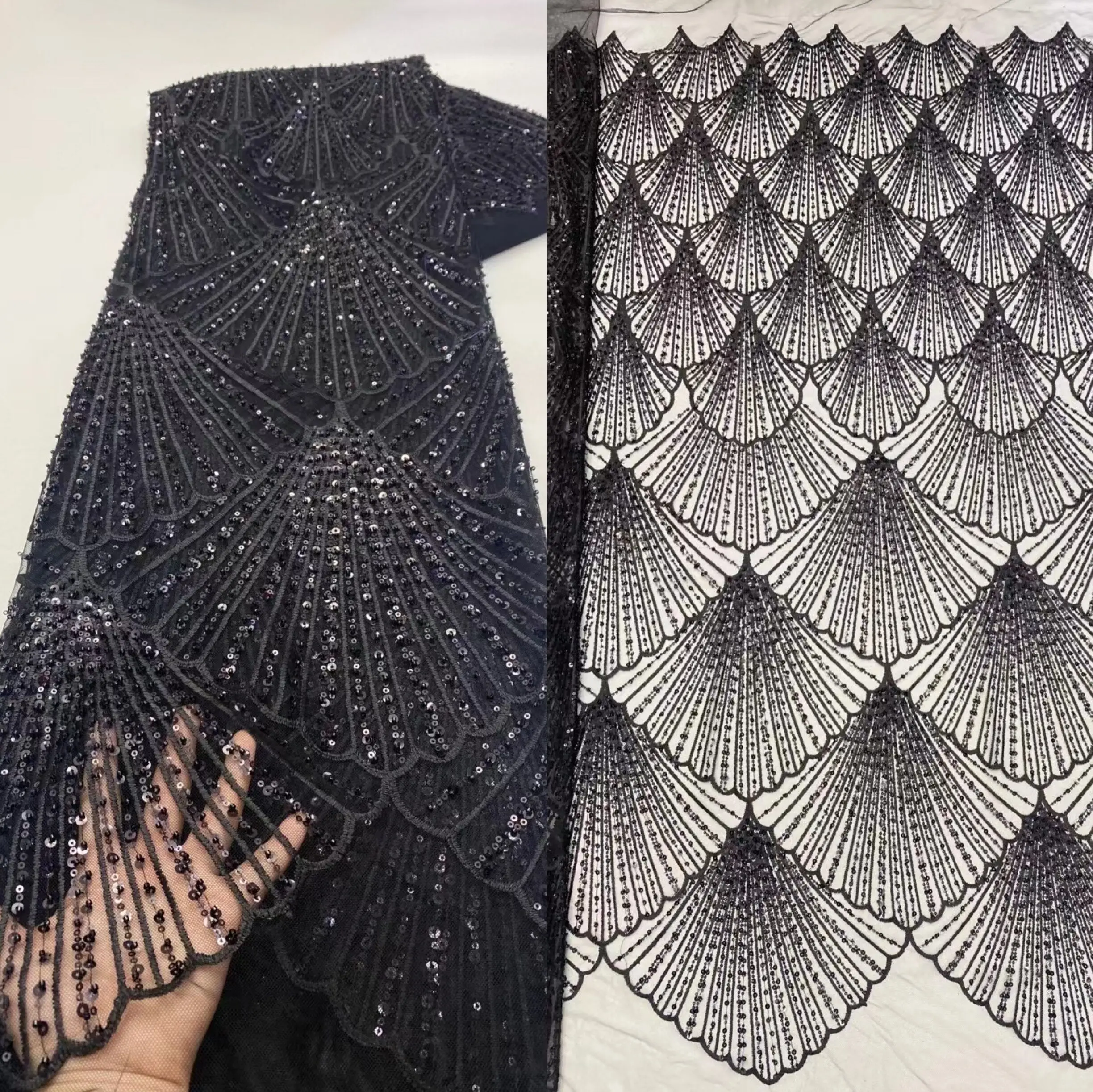 

Sequins Beaded Embroidery French Tulle Lace Fabric S-12088810 High Quality African Net Lace Fabric For Wedding Dress