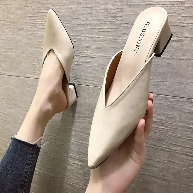 Women High Heels Slippers  Baotou Women Shoes Sexy Pointed Toe Chunky Heels Mules Outdoor Walking Slides Chaussure Femme 2024