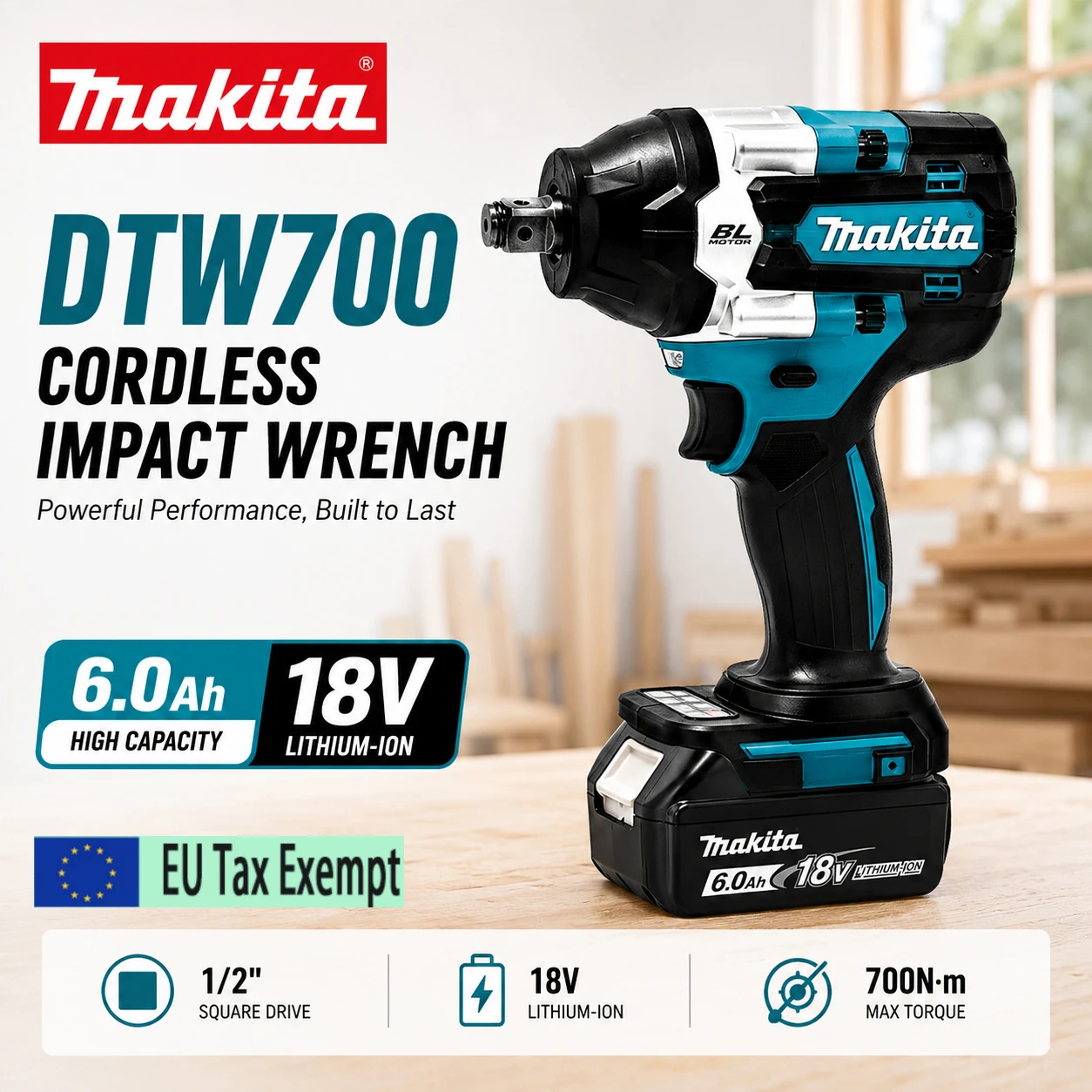 Kabelloser Elektrischer Schlagschrauber für Makita 18V Akku 700N.m Bürstenloser Motor Hochdrehmoment Variabler Drehzahl Elektrowerkzeug für Garage und Autoreparatur