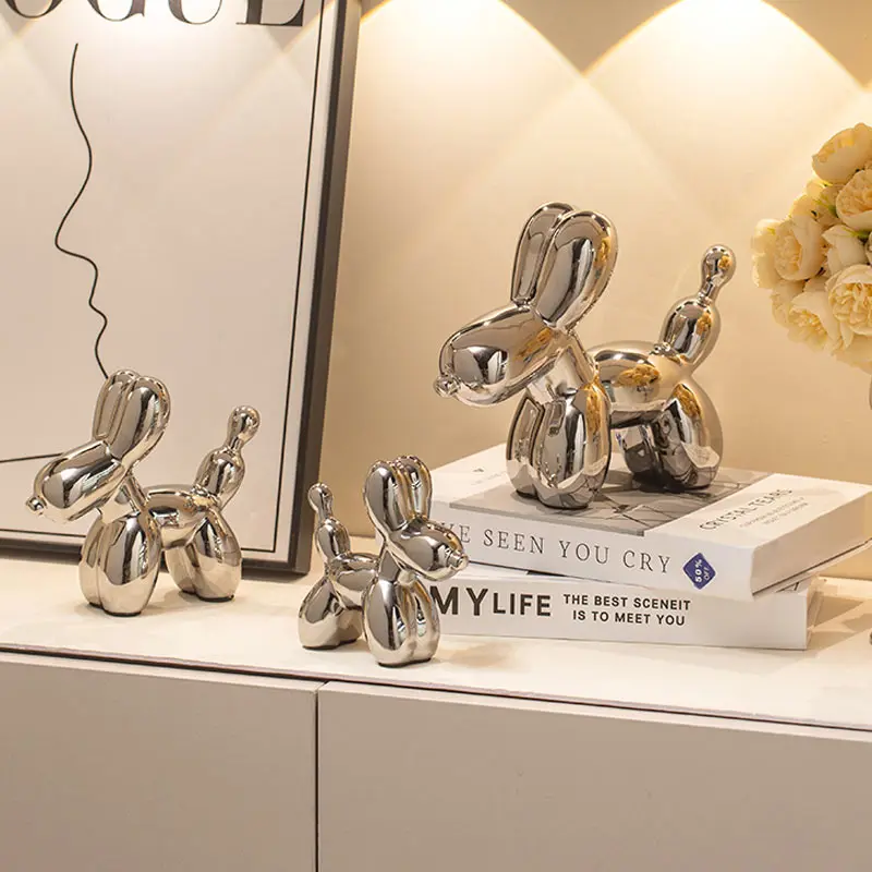 Ceramic Sculptures Silver Balloon Dog Decoration Statue Crafts Figurines Bedrooms Desktop Luxury Home Decor Accessories view 4