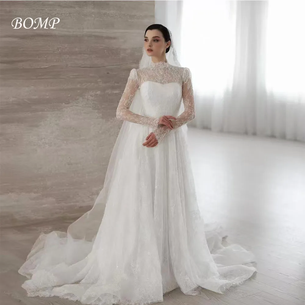 

BOMP Luxury Lace Wedding Dress High Neck Illusion Full Sleeves Draped Royal Train Ivory Bridal Gown Customized Robe De Mariée