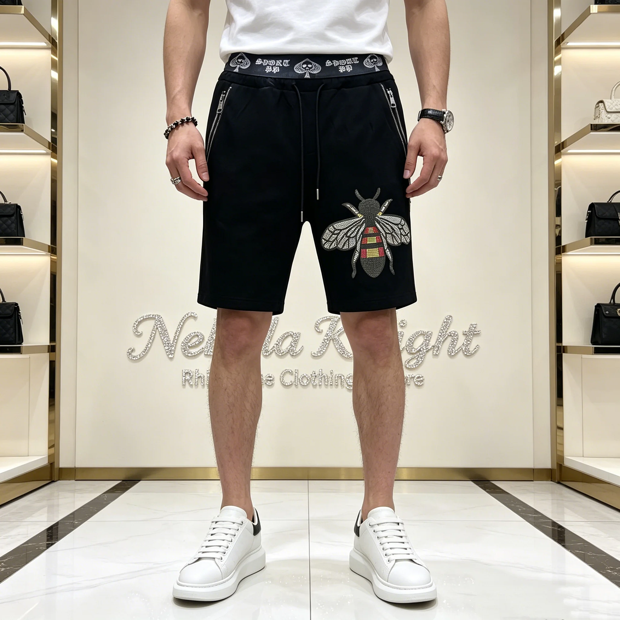 Loose Fit Men Rhinestone Casual Shorts Practical Zipper Pockets Street Fashion Beach Sweat Shorts