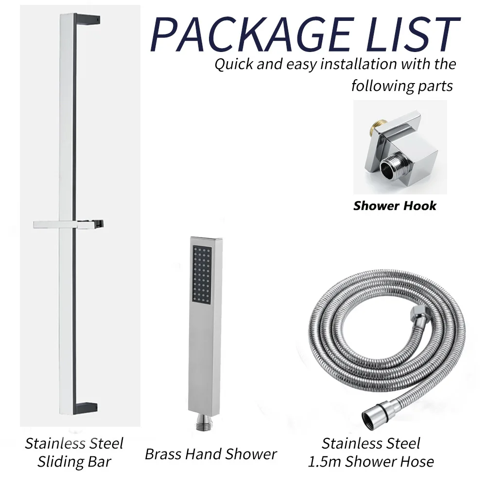 Gun Gray Square Adjustable Shower Slide Bar, No Water Inlet Design Shower Hook with Handheld Shower Head Set for Bathroom