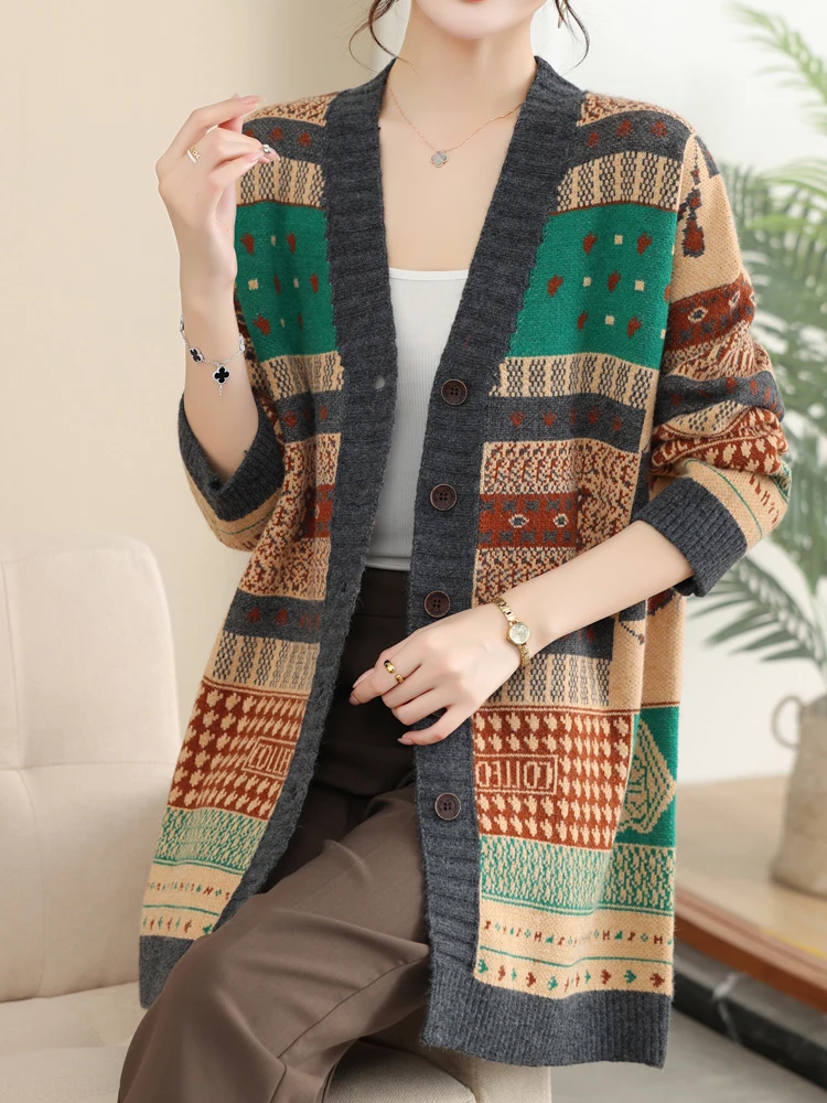 

Female Long Cardigan Autumn Spring Floral Jacquard Knitted Sweaters Top Korean Fashion V Neck Cardigans Women