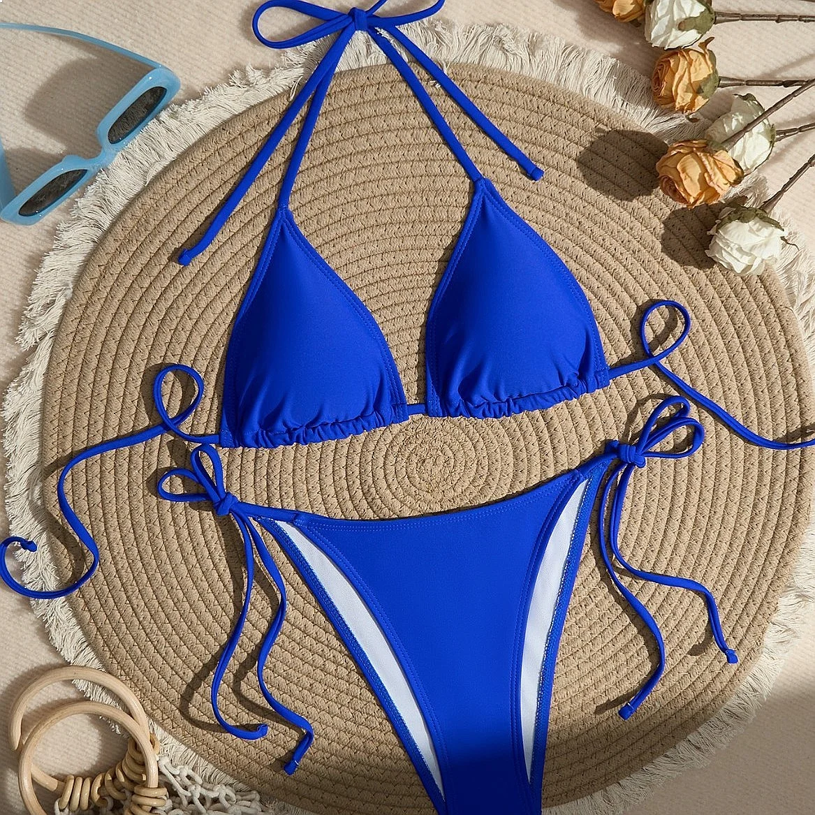Solid Color Triangle Bag Bikini Swimsuit Lace Up Sexy High Elastic Women Detachable Pads Quick Dry