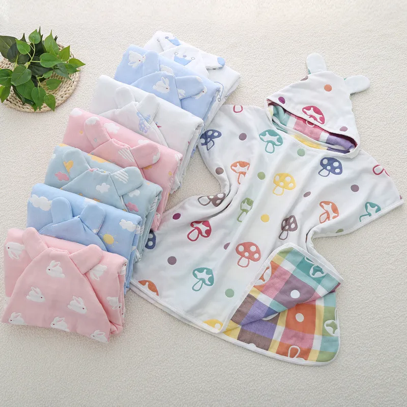 6 Layers Baby Boys Bath Towels Ultra-soft Kids Hooded Cloak Cartoon Gauze Infant Bibulous Bathrobe Beach Towel 60*60cm