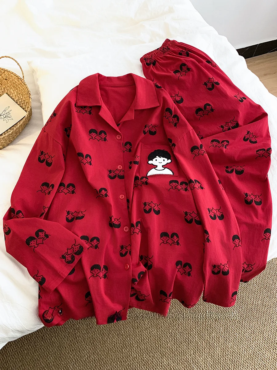 

Red Cartoon Print Pure Cotton Sleepwear Couple Style Spring Autumn Casual Home Clothes Men's Long Sleeve Loose Fit Comfortable