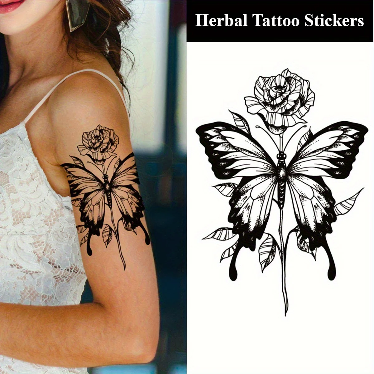 

5 шт. водонепроницаемые временные татуировки-наклейки с бабочками и розами — реалистичный черно-белый боди-арт, длительный срок службы 15 дней