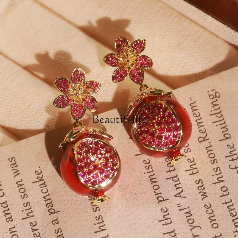 High-Grade Fruit Earrings Affordable Luxury Style Dripping Oil Micro Inlaid Zircon Flower Pomegranate