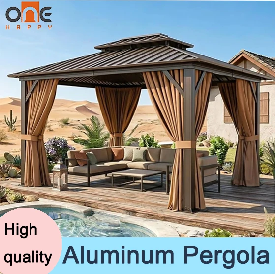 

Premium Hard Roof Gazebo Heavy Duty Metal Frame Waterproof Sunshade Permanent Outdoor Pergola With Curtains And Netting