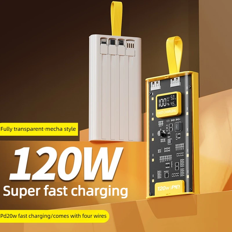 50000mAh 120W Transparent Fast‑Charging Power Bank for IPhone Tablet High‑Capacity Power Bank with Built‑in Cable