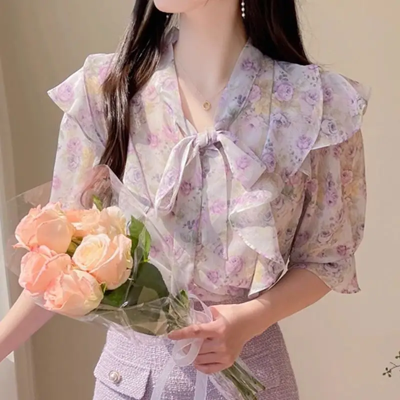 Floral Bowknot Chiffon Women's Short Sleeve Summer Ruffle Hem Printed Blouse