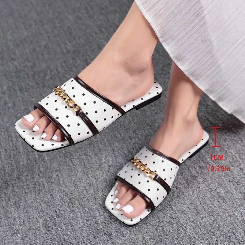 Women Polka Dot Trimmed Strap Metal Chain Square Toe Slide Sandals 1CM Flat Sole Slip on Casual Daily Indoor Outdoor Slippers