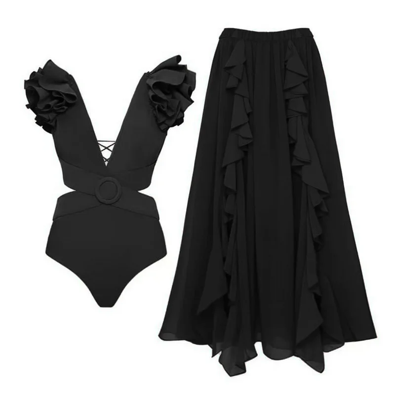 One Piece Swimsuit For Women European And American Onesie D Three-dimensional Flower Shoulder Decoration Hollow One-piece Swimsu