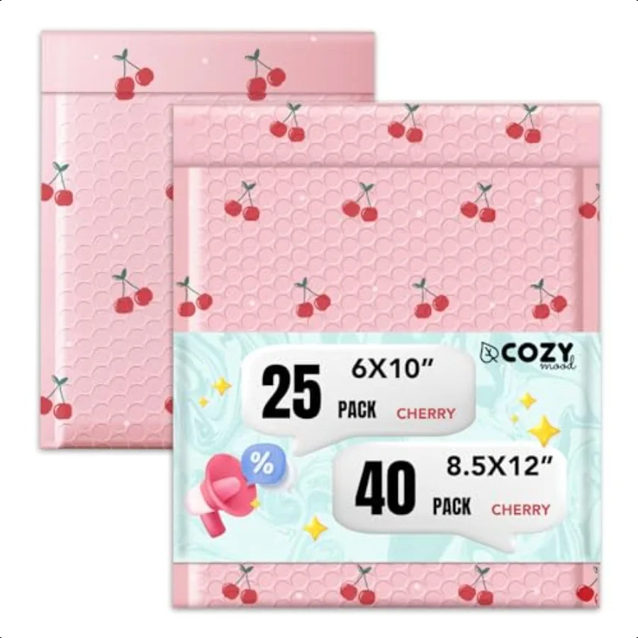 

Cute Bubble Mailers 6x10 Inch 100 Pack Cherry +Pretty Bubble Mailer 8.5x12 Inch 40 PackCherry Waterproof Padded Envelopes Self