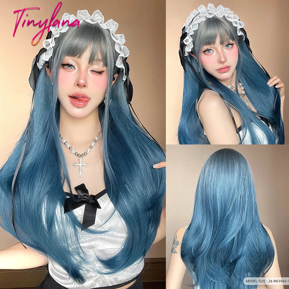 

Long Ombre Gray Blue Synthetic Wigs with Bangs Cosplay Straight Layered Wig for Women Party Lolita Heat Resistant Natural Hair