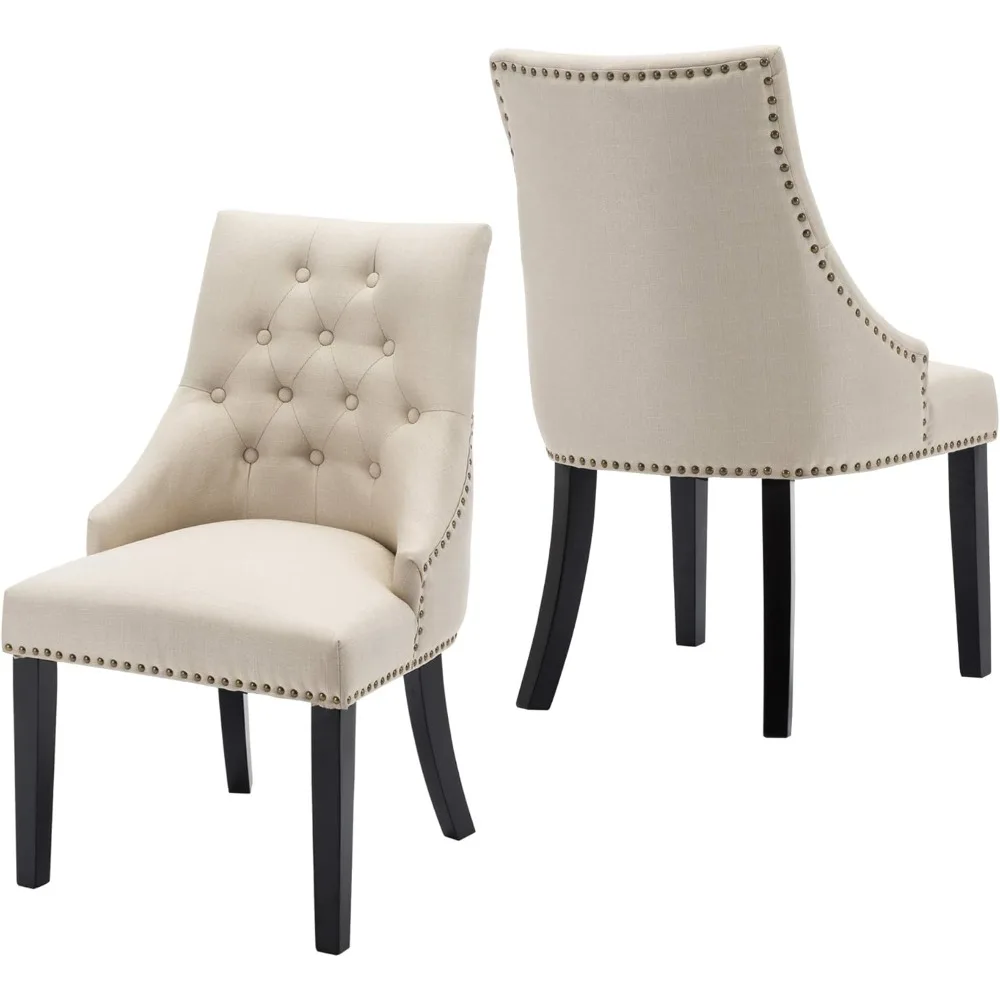 Dining Chairs Set of 2 Padded Studded Armchairs Upholstered Tufted Accent Chairs with Black Solid Wooden Legs Nailed Trim