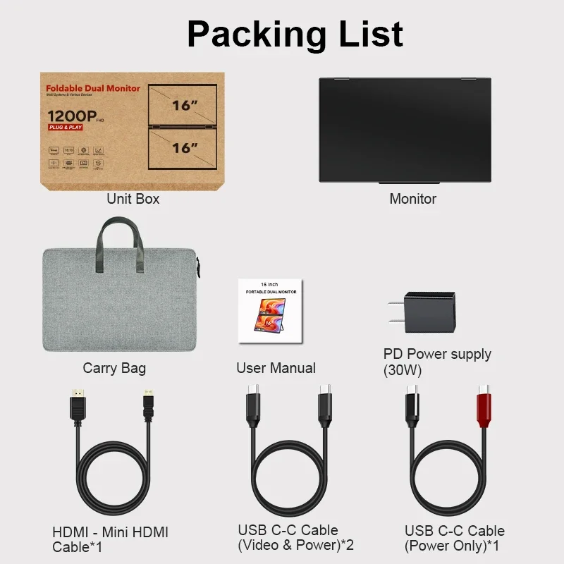 2026 Foldable Design 16 Inch Dual Screen Portable Monitor 1920*1200 High Resolution Laptop Screen Extender Multi Displays Plug &