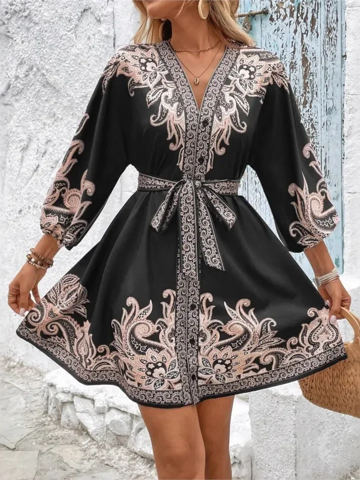 Casual Print Loose Dress Lady Fashion Long Sleeve V Neck Pullover Lace Up Mini Dresses Women Boho Holiday Beach Skirts Clothes