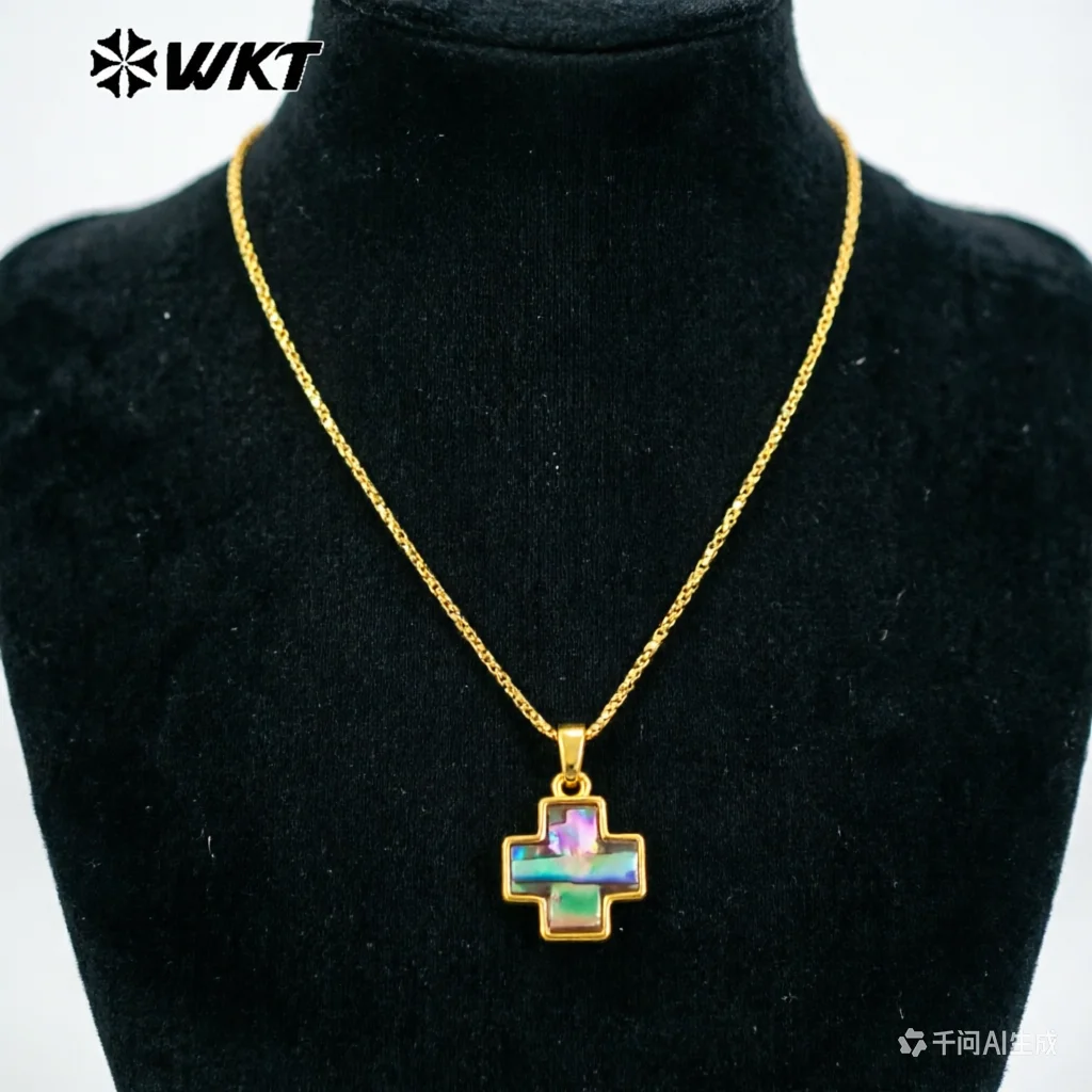 WT-JN283 High Quality Amazing Gold Plated Religious Natural Abalone Shell Cross Pendant Necklace For Ladies Charming Jewelry