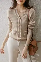 European station early autumn new V-neck fringe wool cardigan women loose and slim cashmere coat