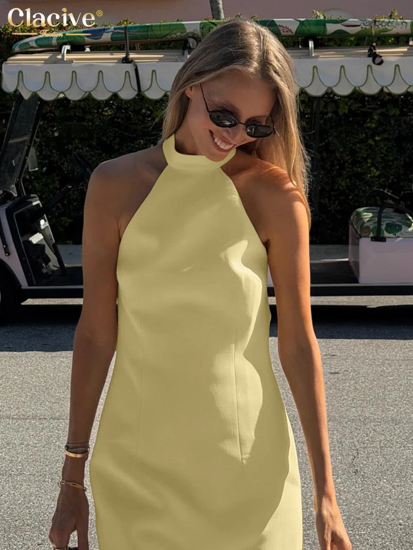 Clacive Sommer Slim Gelbes Damenkleid 2026 Sexy Stehkragen Ärmelloses Minikleid Elegantes Klassisches Rückenfreies Damenkleid