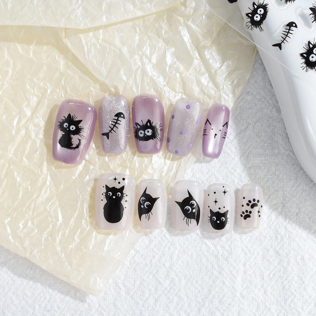 3/6/12 Blatt 3D Geprägte Schwarze Katzen-Nagelaufkleber Niedliche Cartoon-Kätzchenpfoten Fischgrätenmuster Selbstklebende DIY-Nagelsticker – Detail 9