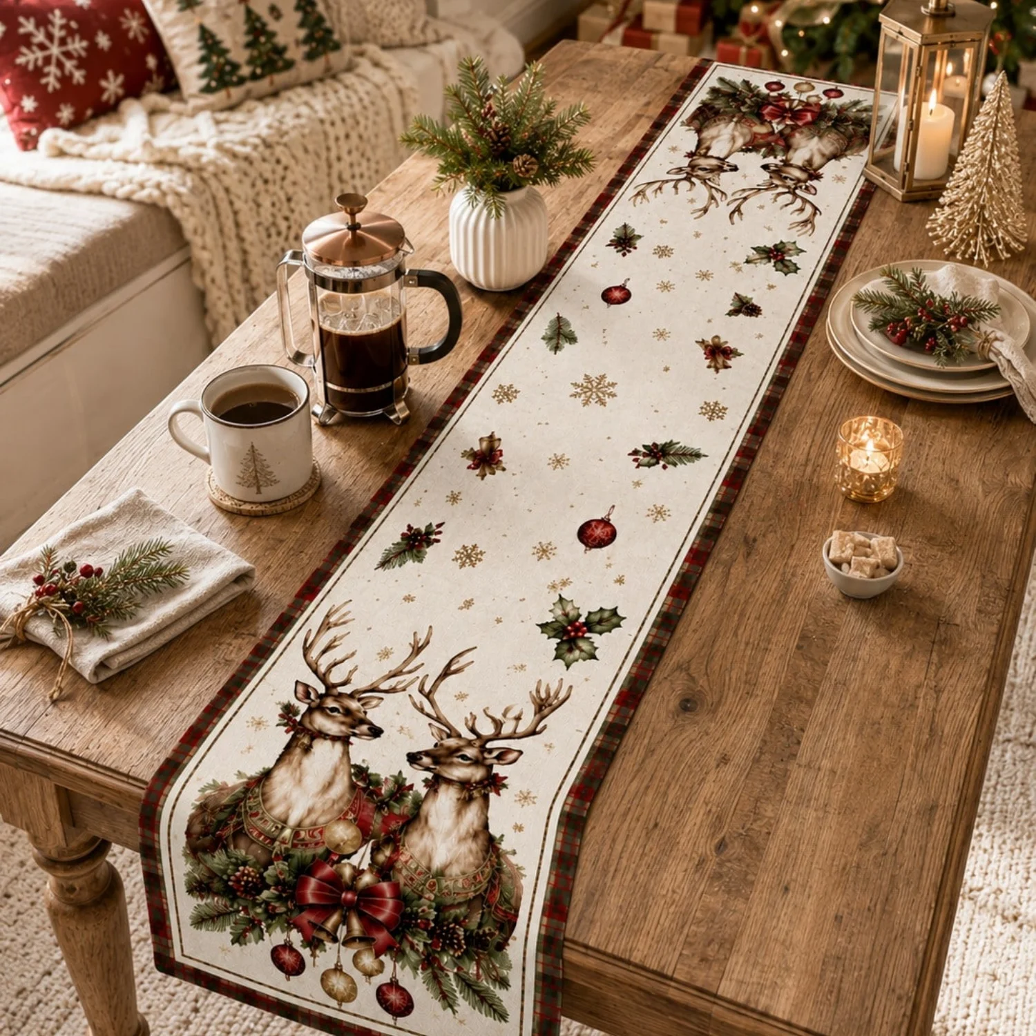 Christmas Table Runner Santa Claus Sleigh Snowflake Holly Print Rustic Farmhouse Holiday Dining Table Decor Xmas Party Decoratio