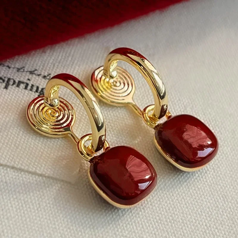 Red square earrings, mosquito coil disc earclips, retro earrings.