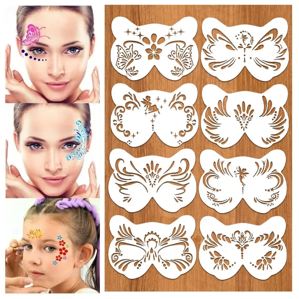 8Pcs Face Tattoo Face Painting Stencils Hollowed Flexible Face Paint Templates Reusable Multiple Pattern Body Art Stencils