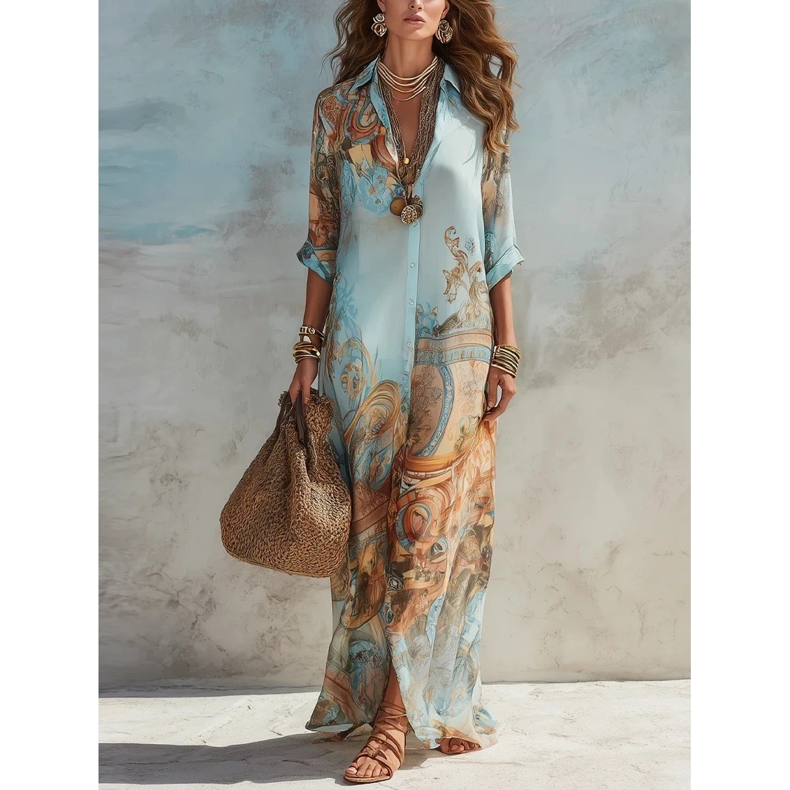 Summer New Style Women's Long Printed  Retro Drifting Dress High Waist Five Pants Polyester Fabric Ladies Gown
