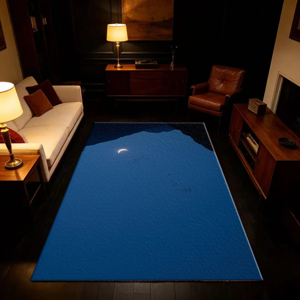 Night Sky Moon Birds Scenery Carpet Artistic Landscape Floor Rug Suitable for Home Living Space