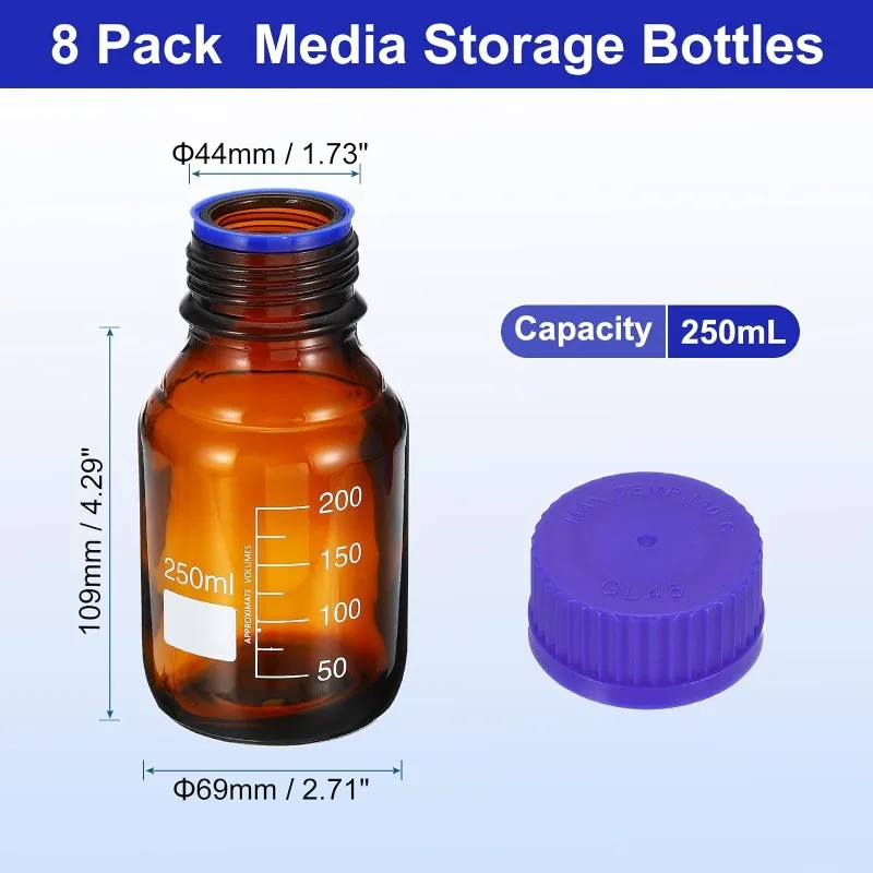 6 Pack Amber Borosilicate Glass 250 mL Graduated Round Lab Reagent Media/Storage Bottle With GL45 Blue Screw Cap